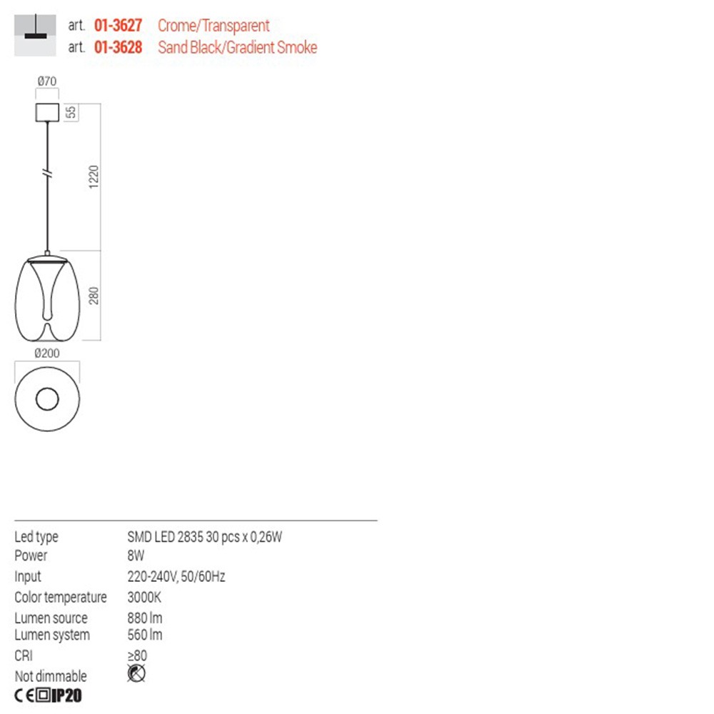Suspension Redo Drop, metal, glass, chrome, LED, 8W, 560 lumens, warm white 3000K, D.20 cm
