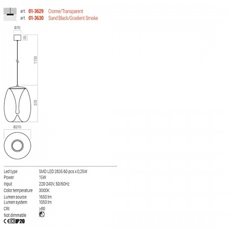 Suspension Redo Drop, metal, glass, sand black/gradient smoke, LED, 15W, 1050 lumens, warm white 3000K, D.27 cm