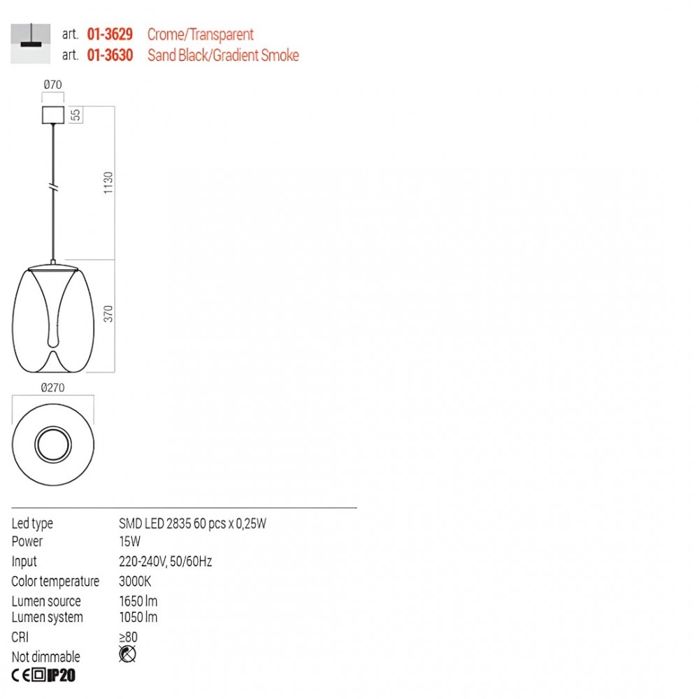 Suspension Redo Drop, metal, glass, chrome, LED, 15W, 1050 lumens, warm white 3000K, D.27 cm