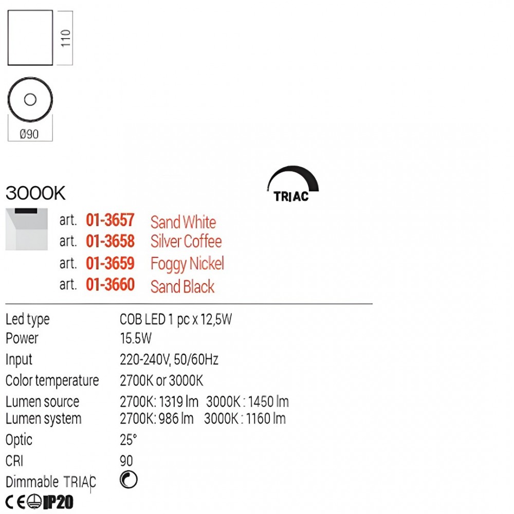 Ceiling lamp Redo Takto, metal, foggy nickel, dimmable, LED, 15,5W, 1160 lumens, warm white 3000K, D.9 cm