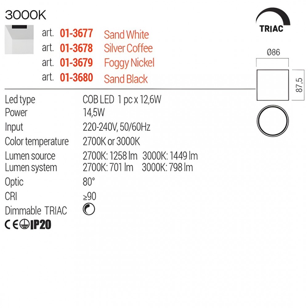 Ceiling lamp Redo Hera, metal, foggy nickel, dimmable, LED, 14,5W, 798 lumens, warm white 3000K, D.8 cm