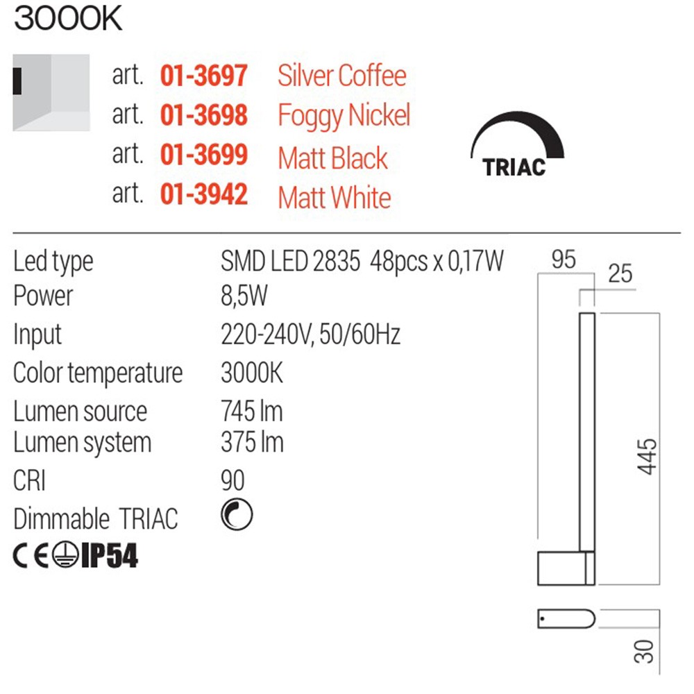 Wall lamp Redo Cityline, metal, silver coffee, LED, 8,5W, 375 lumens, warm white 3000K, H.44 cm