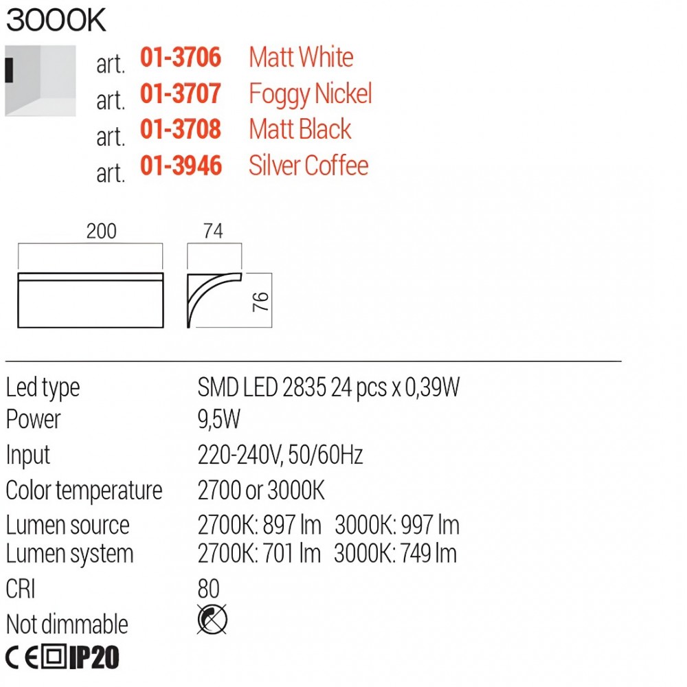 Wall lamp Redo Velas, metal, silver coffee, LED, 9,5W, 749 lumens, warm white 3000K, L.20 cm