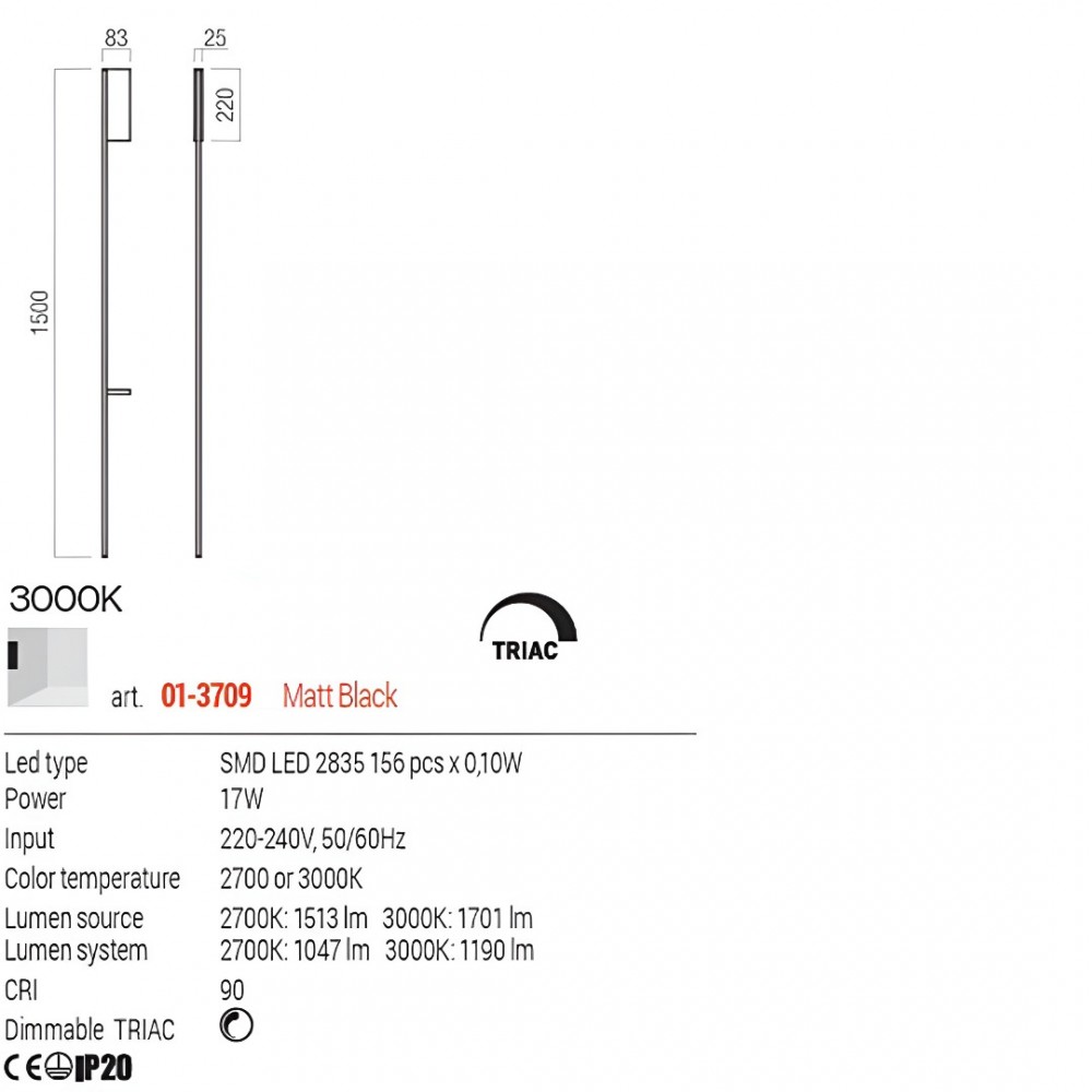 Wall lamp Redo Twig, metal, sand black, dimmable, LED, 17W, 1190 lumens, warm white 3000K, H.150 cm