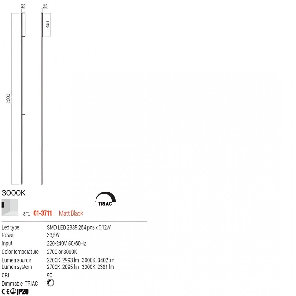 Wall lamp Redo Twig, metal, sand black, dimmable, LED, 33,5W, 2381 lumens, warm white 3000K, H.250 cm