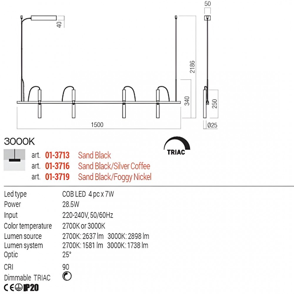 Pendant lamp Redo Praxi, metal, matt black/foggy nickel, dimmable, LED, 28,5W, 1738 lumens, warm white 3000K, L.150 cm