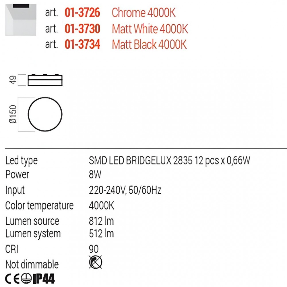 Ceiling lamp Redo Frisbi, metal, chrome, LED, 8W, 512 lumens, neutral white 4000K, D.15 cm, IP44
