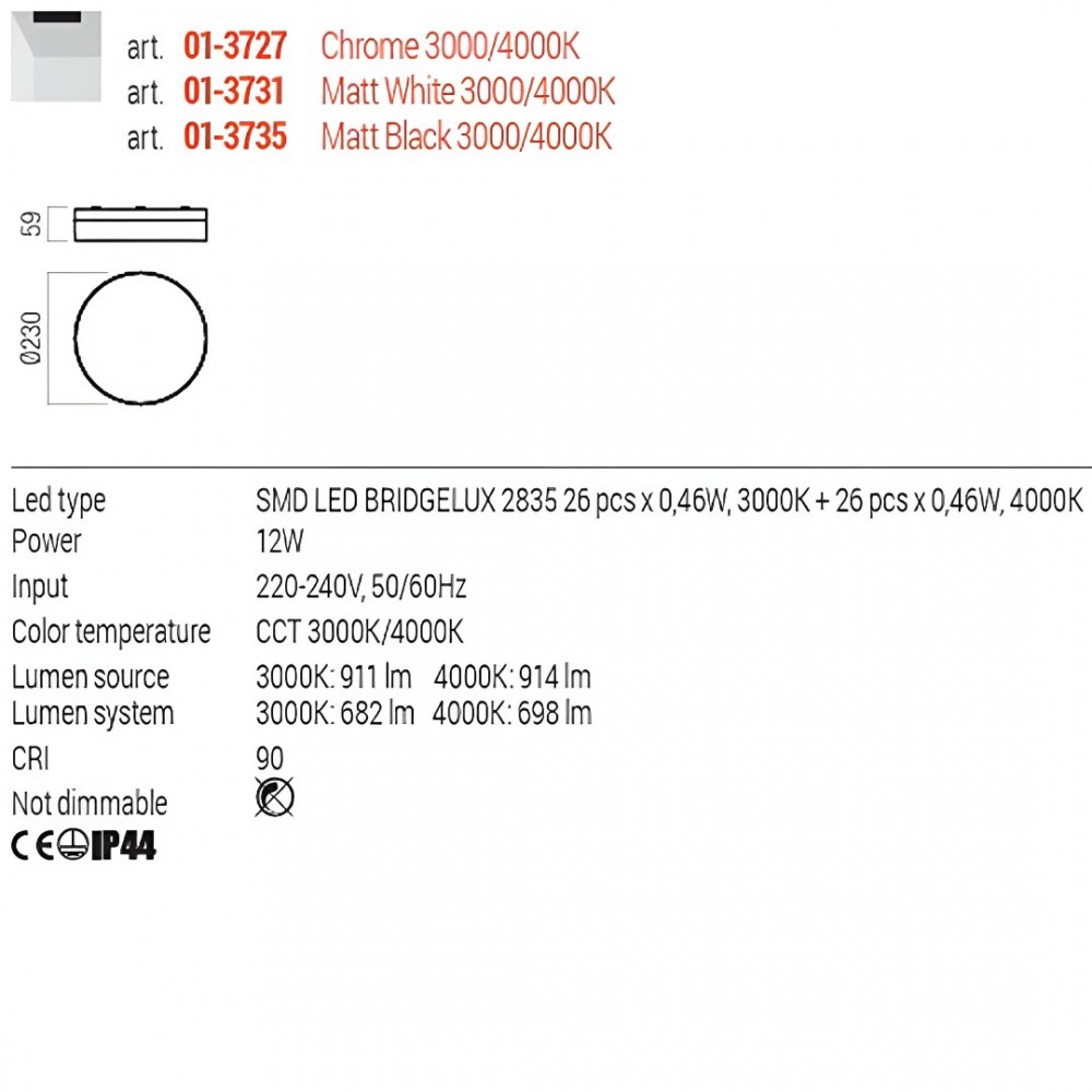 Ceiling lamp Redo Frisbi, metal, matt black, LED CCT, 12W, 698 lumens, 3000K/4000K, D.23 cm, IP44
