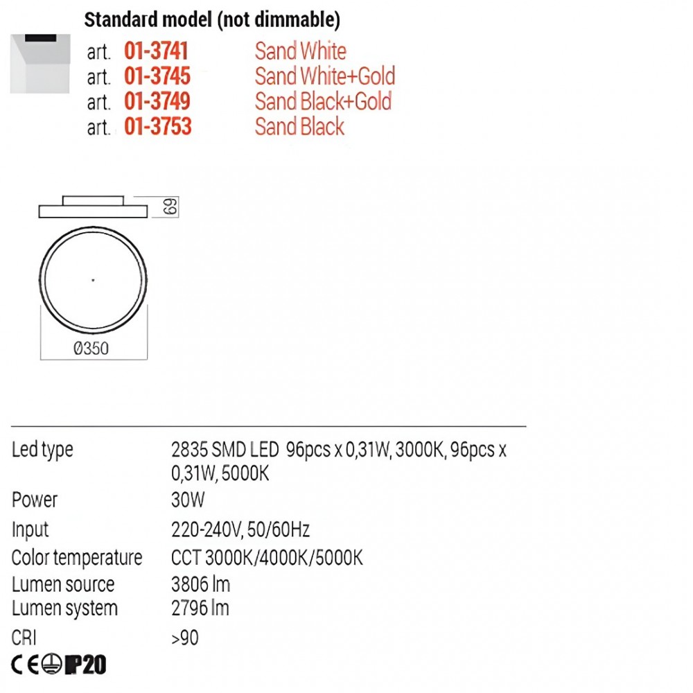 Ceiling lamp Redo Dama, metal, sand black, LED CCT, 30W, 2796 lumens, 3000K/4000K/5000K, D.35 cm