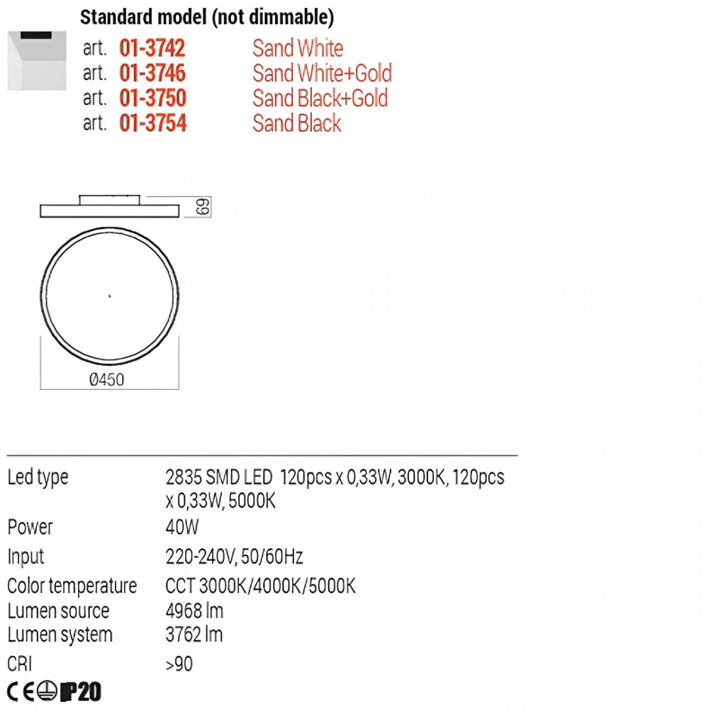 Ceiling lamp Redo Dama, metal, sand white, LED CCT, 40W, 3762 lumens, 3000K/4000K/5000K, D.45 cm