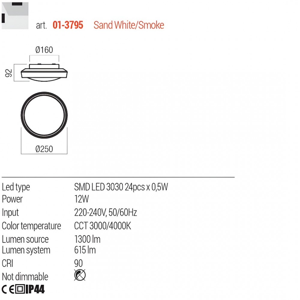Ceiling lamp Redo Arca, metal, glass, smoke/white, LED CCT, 12W, 615 lumens, 3000K/4000K, D.25 cm, IP44