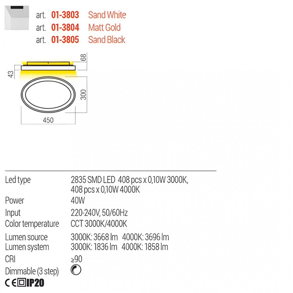 Ceiling lamp Redo Nobu, metal, sand black, dimmable, LED CCT, 40W, 1858 lumens, 3000K/4000K, L.45 cm
