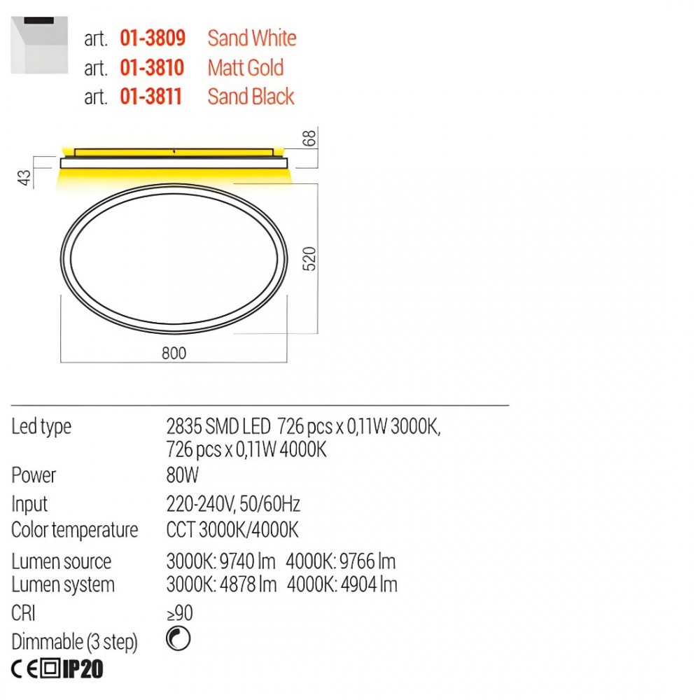 Ceiling lamp Redo Nobu, metal, matt gold, dimmable, LED CCT, 80W, 4904 lumens, 3000K/4000K, L.80 cm