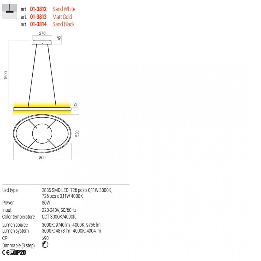Suspension Redo Nobu, metal, sand white, dimmable, LED CCT, 80W, 4904 lumens, 3000K/4000K, L.80 cm