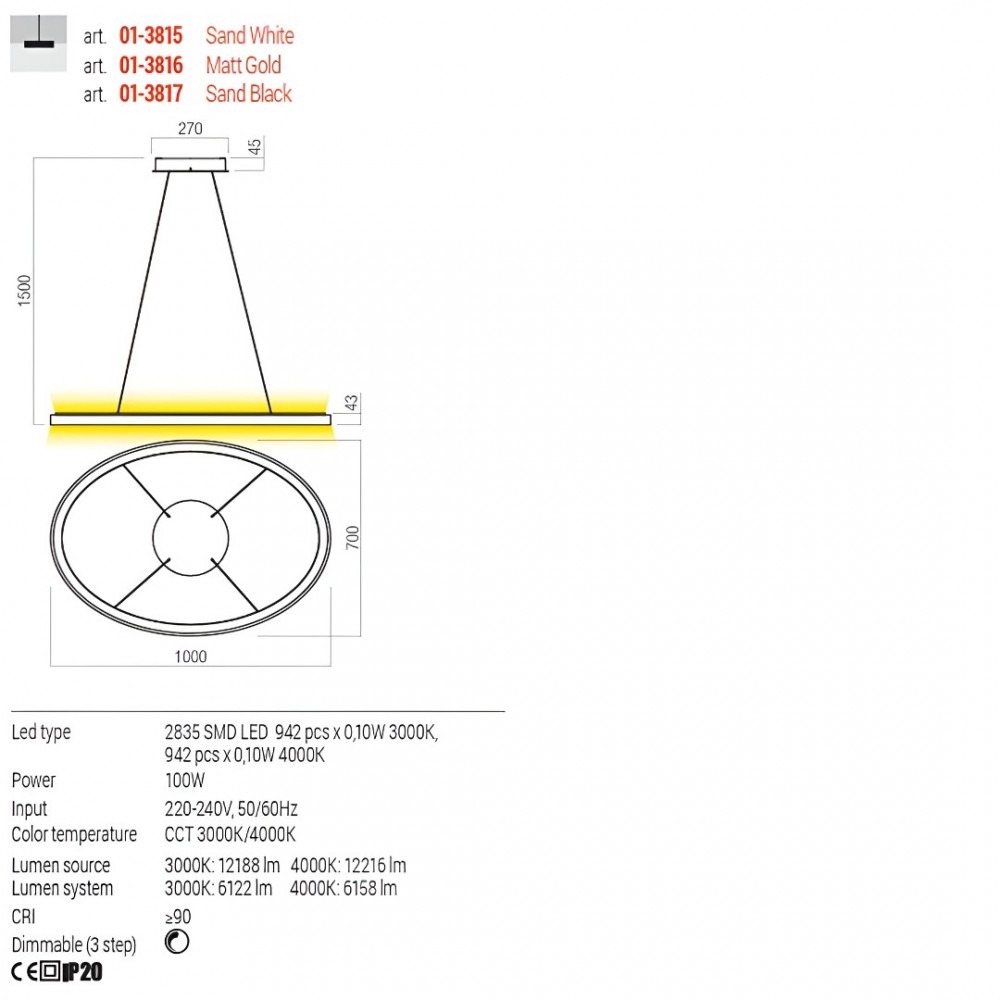 Suspension Redo Nobu, metal, matt gold, dimmable, LED CCT, 100W, 6158 lumens, 3000K/4000K, L.100 cm