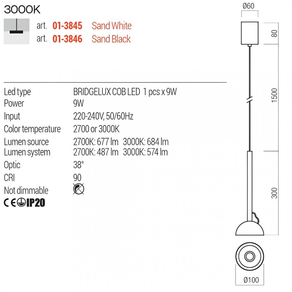 Suspension Redo Raven, metal, sand black, LED, 9W, 574 lumens, warm white 3000K, D.10 cm