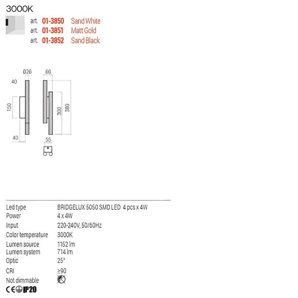 Wall lamp Redo Nikos, metal, sand white, LED, 4X4W, 714 lumens, warm white 3000K, H.38 cm