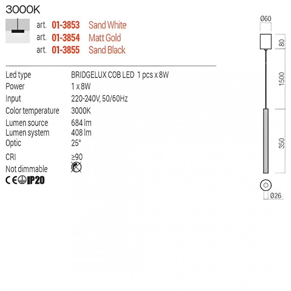 Suspension Redo Nikos, metal, matt gold, LED, 8W, 408 lumens, warm white 3000K, D.2,6 cm
