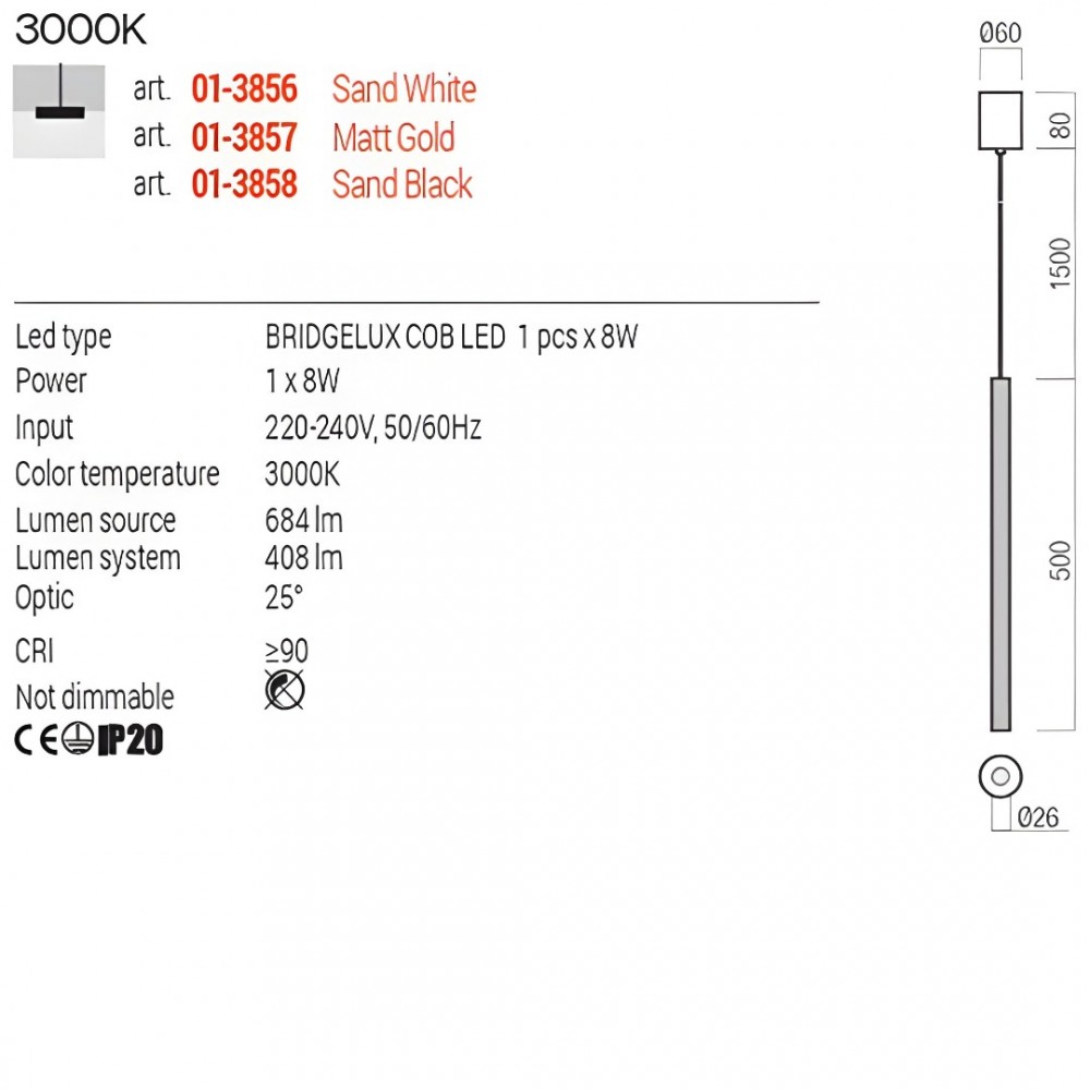Suspension Redo Nikos, metal, matt gold, LED, 8W, 408 lumens, warm white 3000K, D.2,6 cm