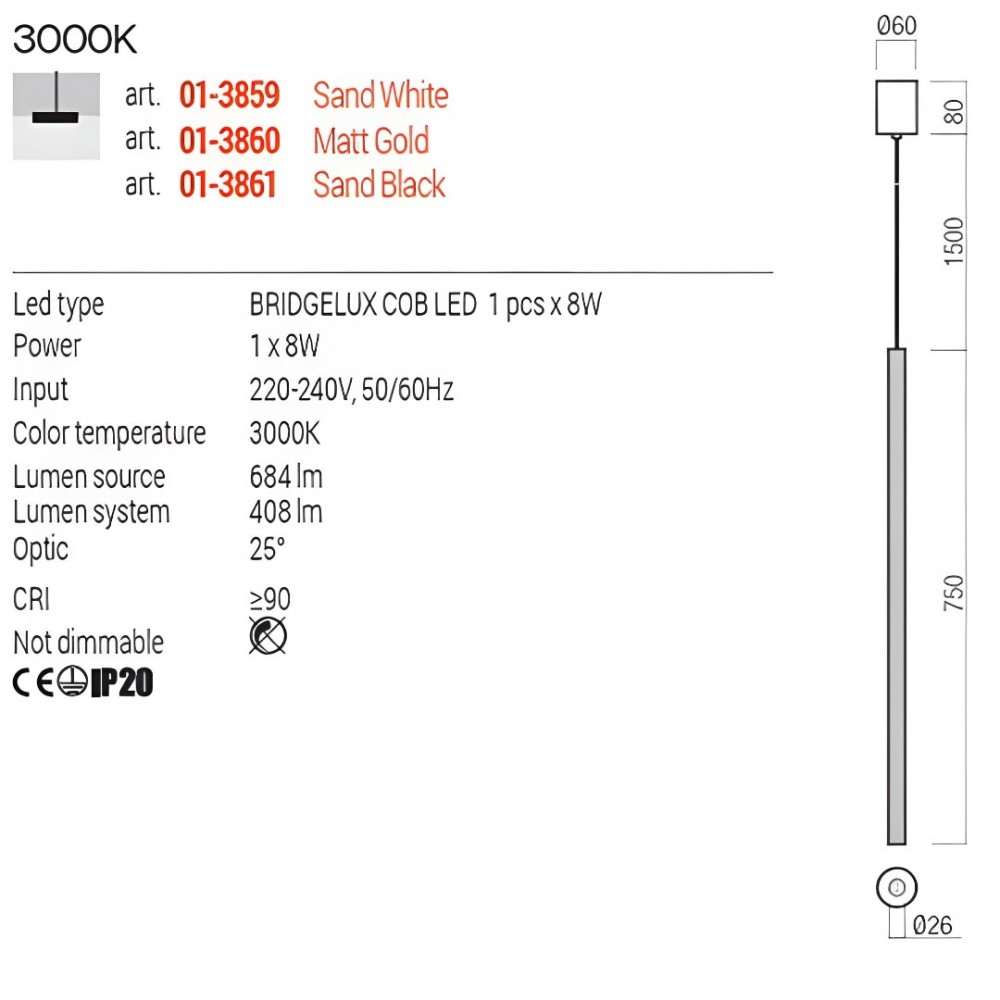 Suspension Redo Nikos, metal, sand black, LED, 8W, 408 lumens, warm white 3000K, D.2,6 cm