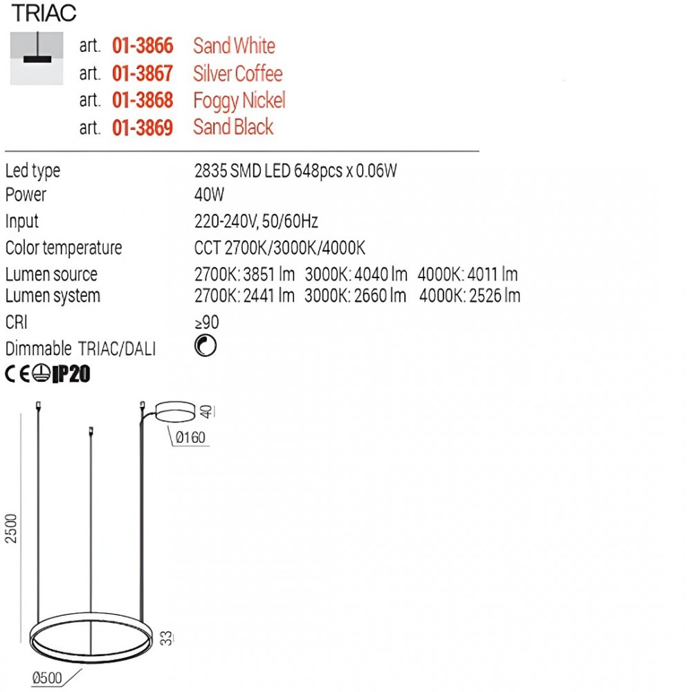Suspension Redo Orion, metal, foggy nickel, dimmable, LED CCT, 40W, 2660 lumens, 2700K/3000K/4000K, D.50 cm