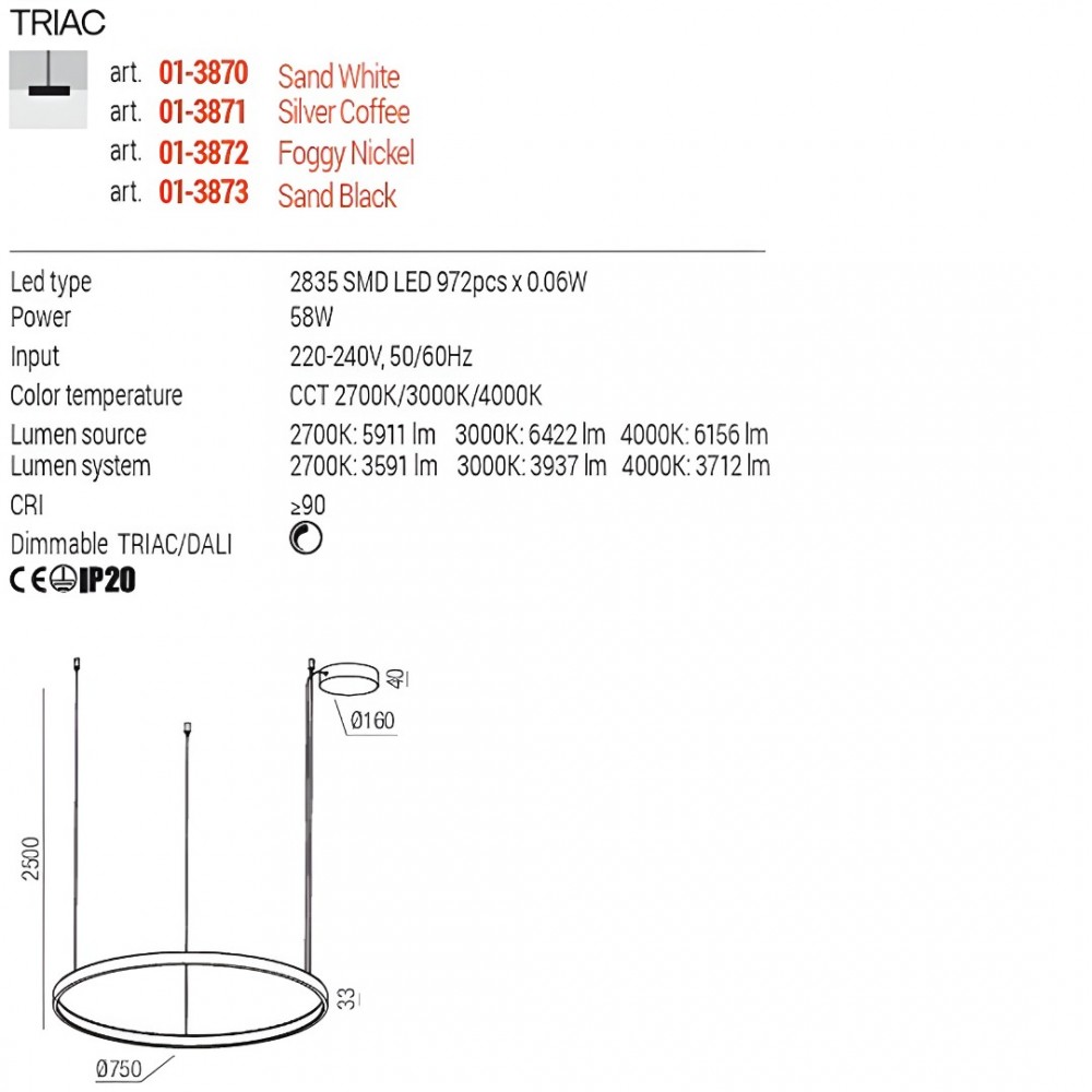 Suspension Redo Orion, metal, silver coffee, dimmable, LED CCT, 58W, 3937 lumens, 2700K/3000K/4000K, D.75 cm