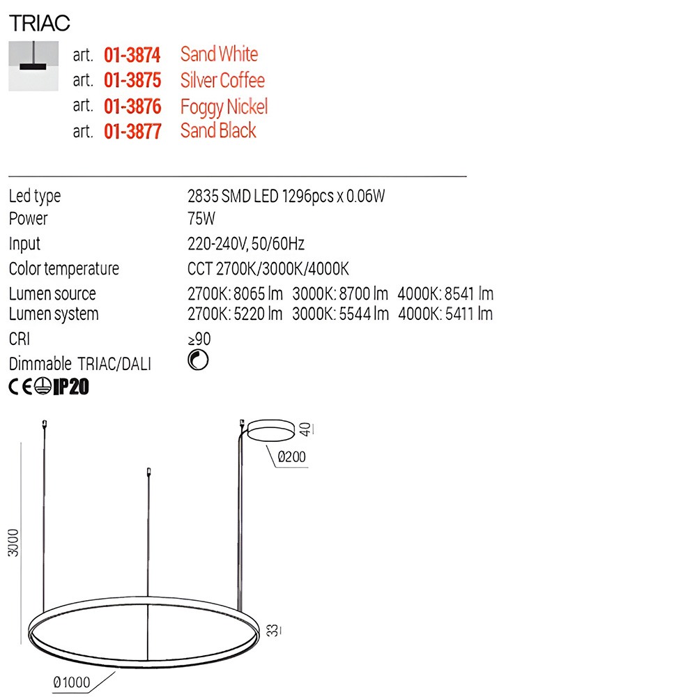 Suspension Redo Orion, metal, sand black, dimmable, LED CCT, 75W, 5544 lumens, 2700K/3000K/4000K, D.100 cm