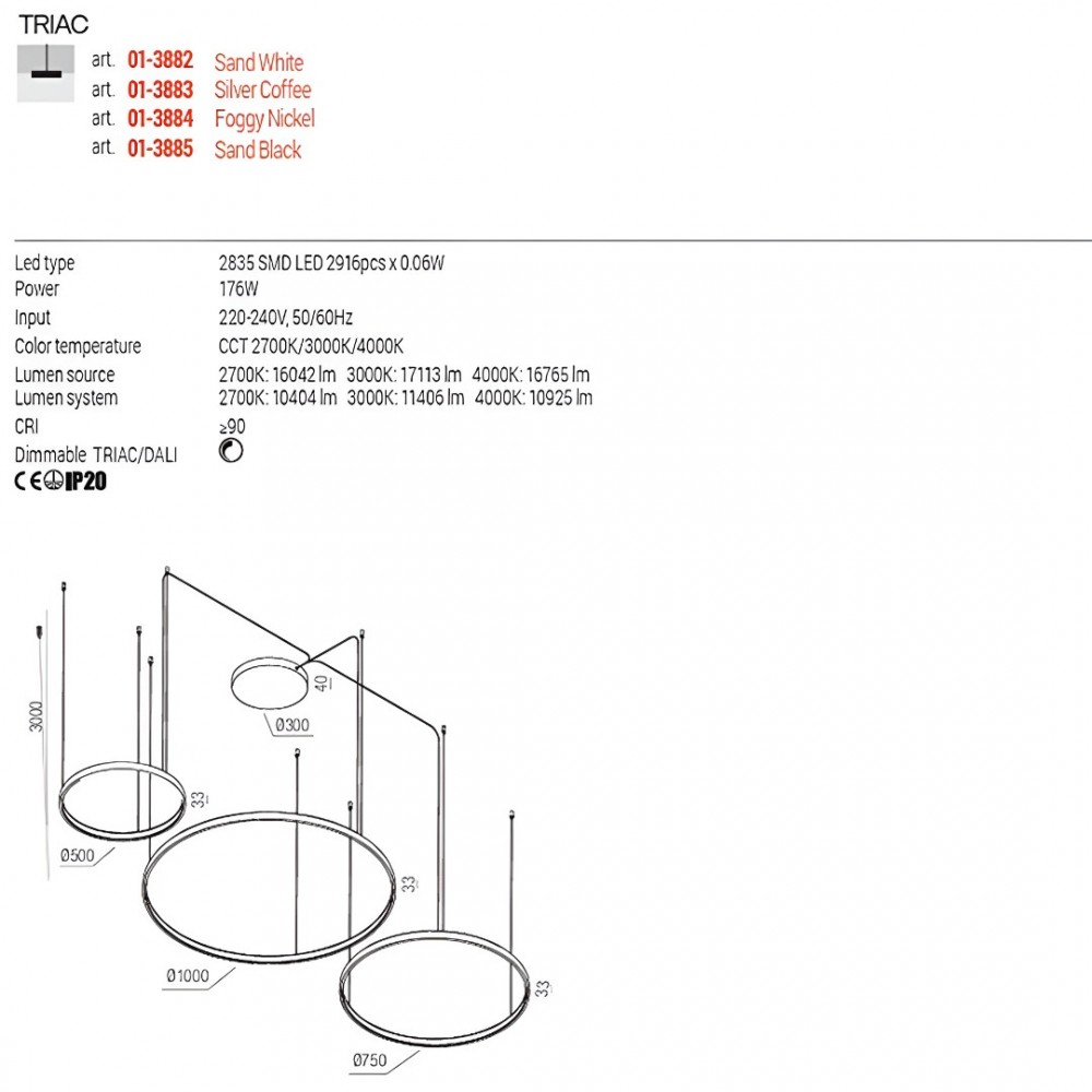 Suspension Redo Orion, metal, silver coffee, dimmable, LED CCT, 176W, 11406 lumens, 2700K/3000K/4000K, D.50/75/100 cm