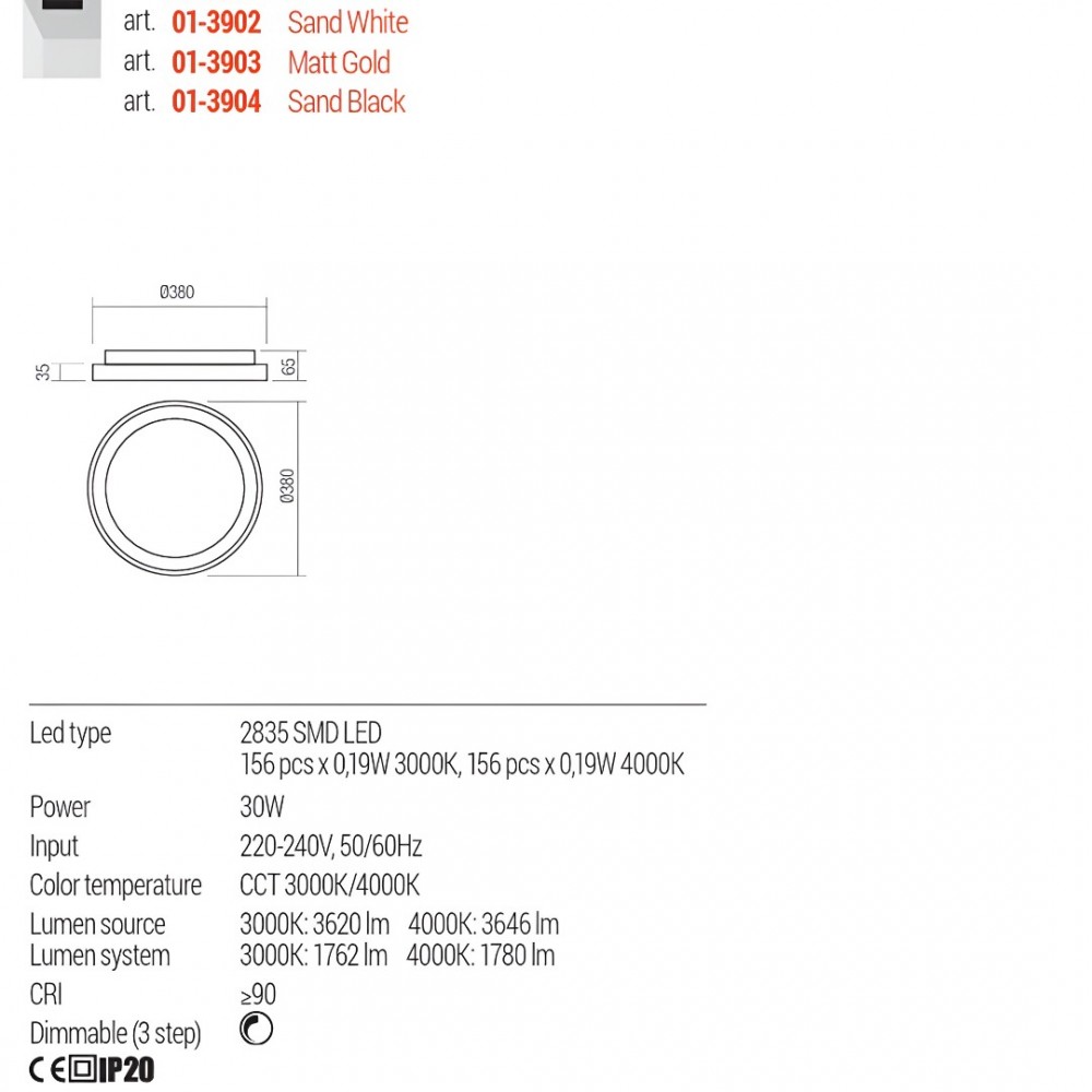 Ceiling lamp Redo Iconic, metal, matt gold, dimmable, LED CCT, 30W, 1780 lumens, 3000K/4000K, D.38 cm