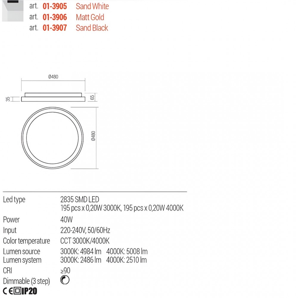 Ceiling lamp Redo Iconic, metal, matt gold, dimmable, LED CCT, 40W, 2510 lumens, 3000K/4000K, D.48 cm