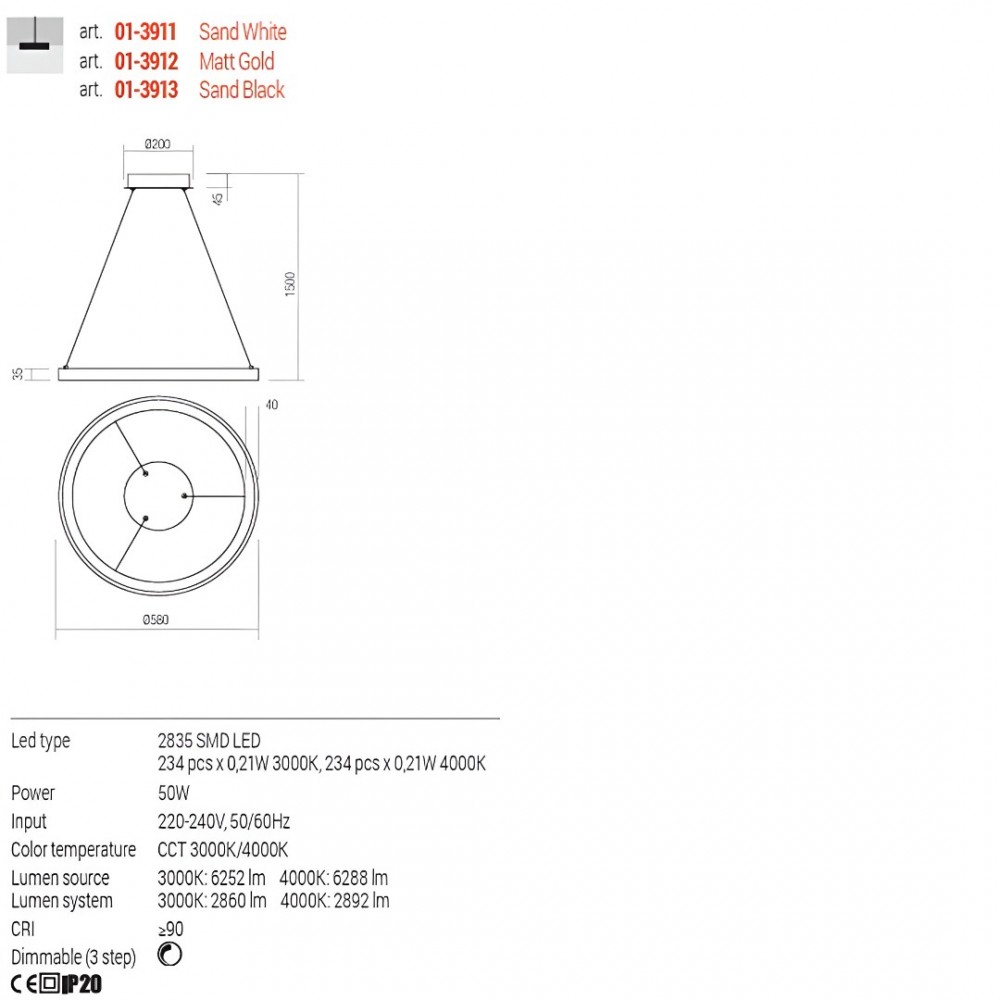 Suspension Redo Iconic, metal, sand black, dimmable, LED CCT, 50W, 2892 lumens, 3000K/4000K, D.58 cm