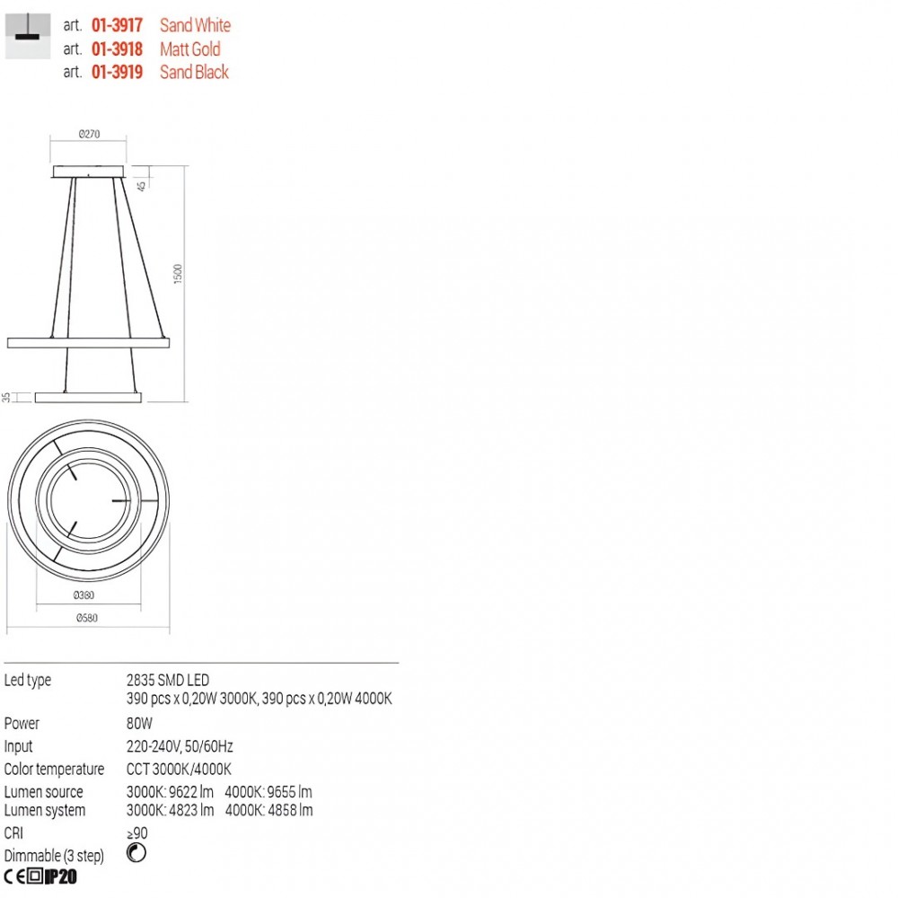 Suspension Redo Iconic, metal, matt gold, dimmable, LED CCT, 80W, 4858 lumens, 3000K/4000K, D.58 cm