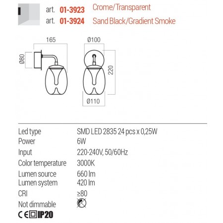 Wall lamp Redo Drop, metal, glass, sand black/gradient smoke, LED, 6W, 420 lumens, warm white 3000K, H.22 cm