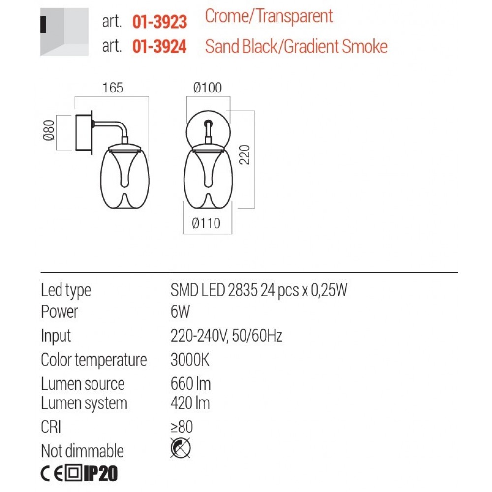 Wall lamp Redo Drop, metal, glass, chrome, LED, 6W, 420 lumens, warm white 3000K, H.22 cm