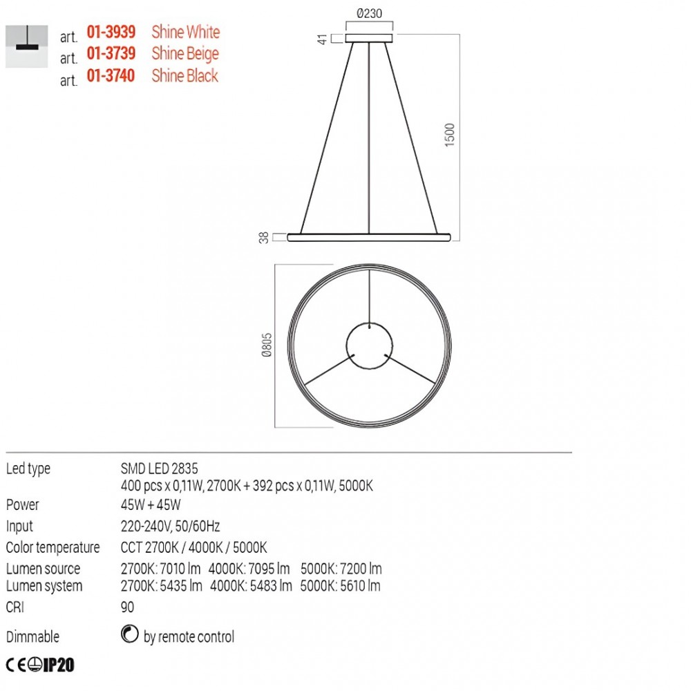 Pendant lamp Redo Vance, metal, glossy white, dimmable, LED CCT, 45W+45W, 5610 lumens, 2700K/4000K/5000K, D.80 cm