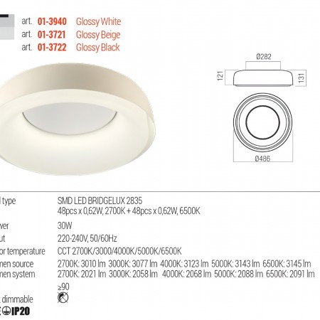 Ceiling lamp Redo Dip, metal, glossy beige, LED CCT, 30W, 2091 lumens, 2700K/3000K/4000K/5000K/6500K, D.49 cm