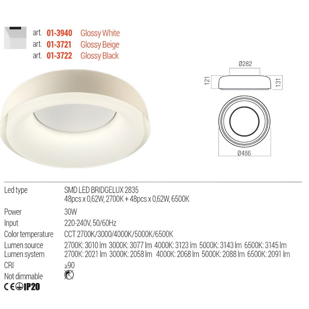 Ceiling lamp Redo Dip, metal, glossy black, LED CCT, 30W, 2091 lumens, 2700K/3000K/4000K/5000K/6500K, D.49 cm
