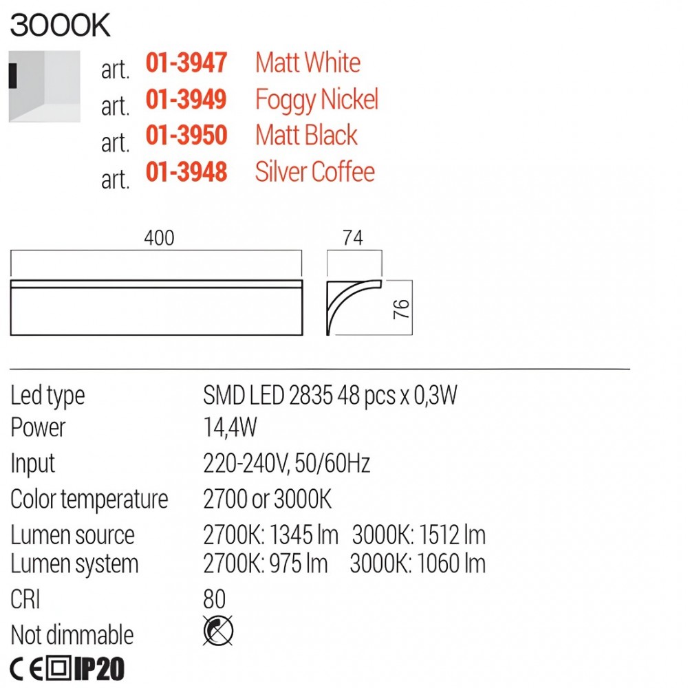 Wall lamp Redo Velas, metal, silver coffee, LED, 14,4W, 1060 lumens, warm white 3000K, L.40 cm