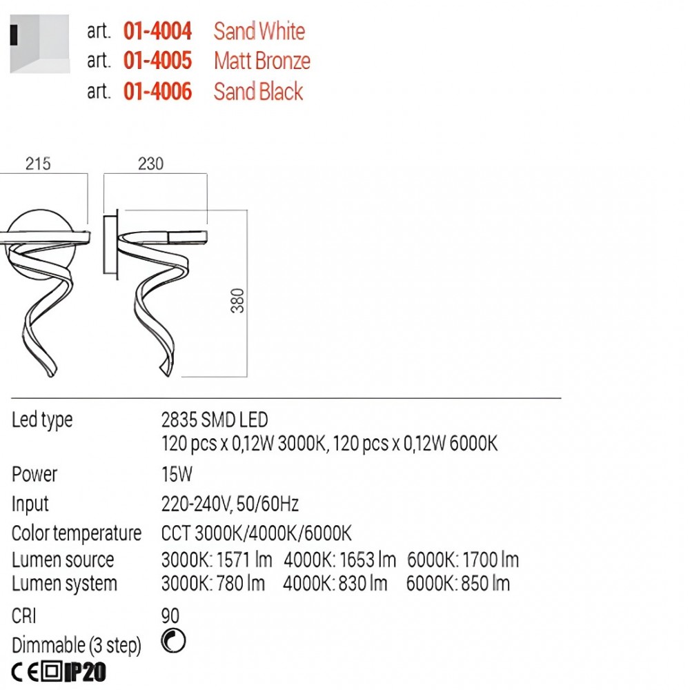 Wall lamp Redo Scroll, metal, sand white, dimmable, LED CCT, 15W, 850 lumens, 3000K/4000K/6000K, H.38 cm
