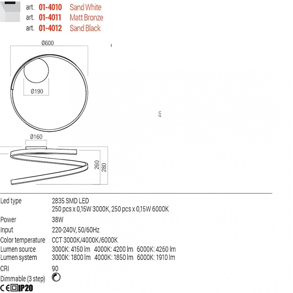 Ceiling lamp Redo Scroll, metal, sand bronze, dimmable, LED CCT, 38W, 1910 lumens, 3000K/4000K/6000K, D.60 cm