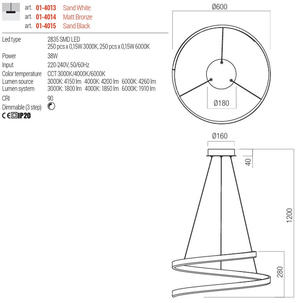 Suspension Redo Scroll, metal, sand white, dimmable, LED CCT, 38W, 1910 lumens, 3000K/4000K/6000K, D.60 cm