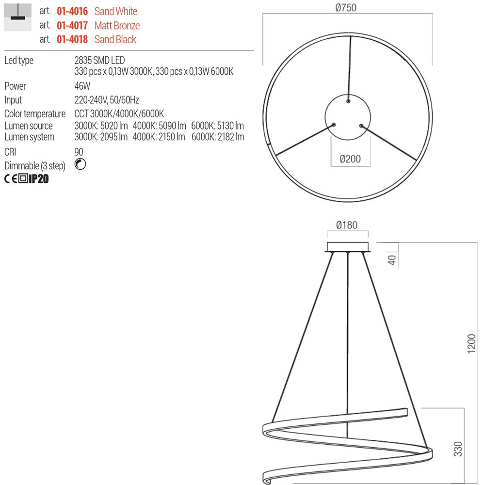 Suspension Redo Scroll, metal, matt bronze, dimmable, LED CCT, 46W, 2182 lumens, 3000K/4000K/6000K, D.75 cm