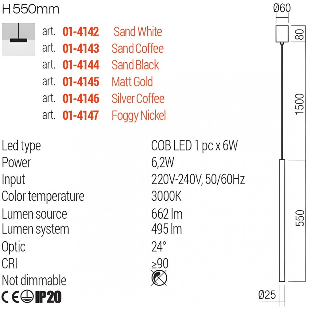 Suspension Redo Kanji, metal, sand white, LED, 6,2W, 495 lumens, warm white 3000K, D.2 cm