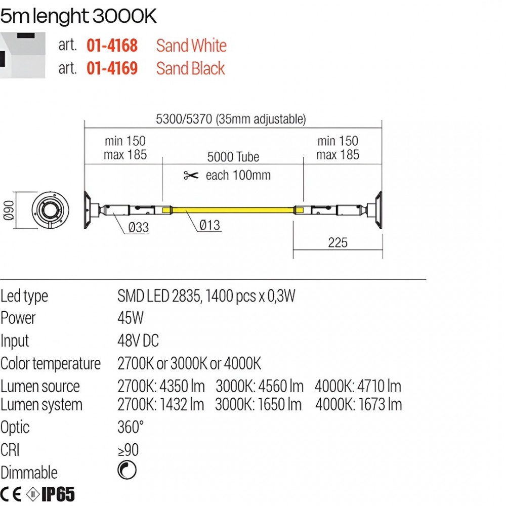 Linear lighting system Redo Freedom 360, metal, sand white, dimmable, LED, 45W, 1650 lumens, warm white 3000K, L.500 cm