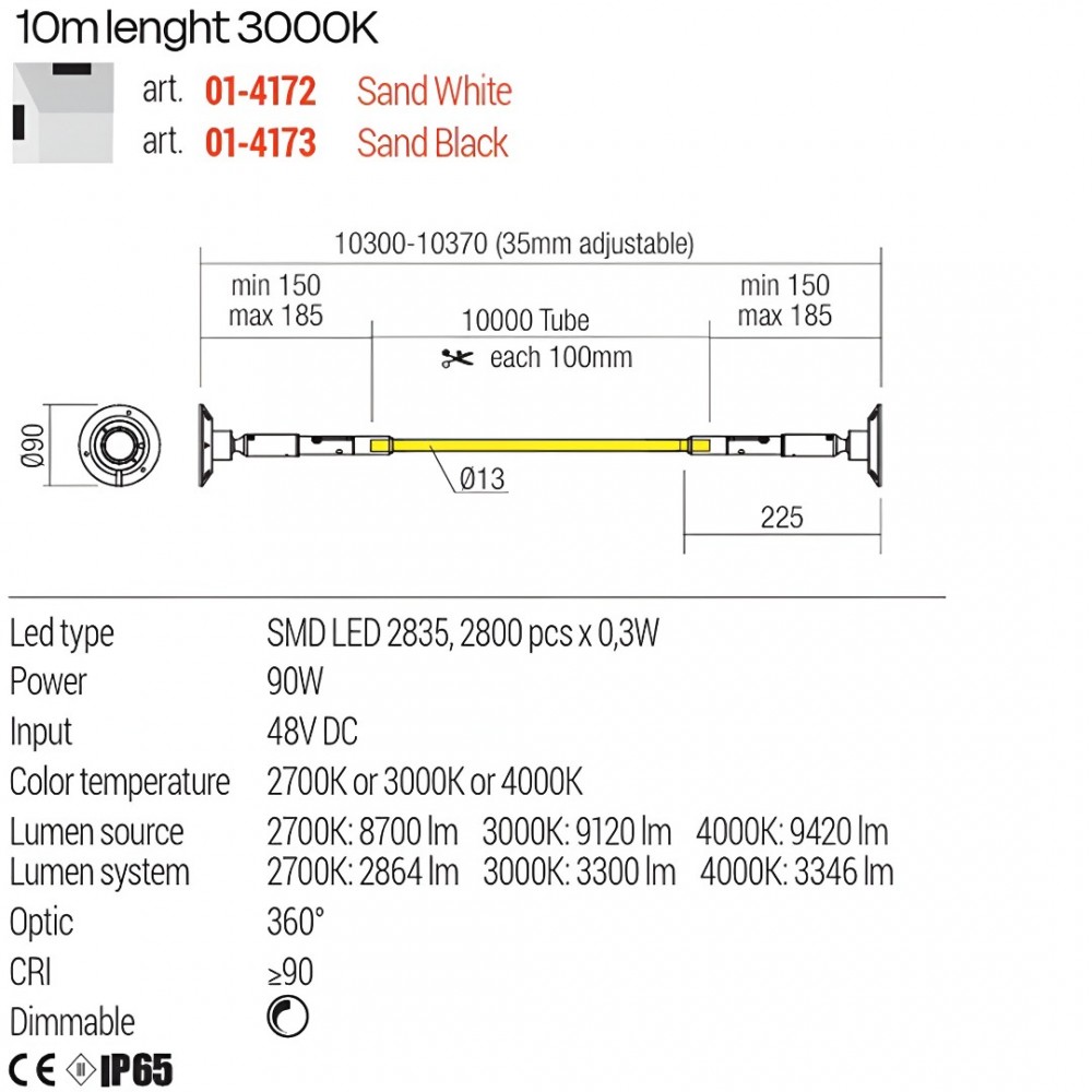 Linear lighting system Redo Freedom 360, metal, sand black, dimmable, LED, 90W, 3300 lumens, warm white 3000K, L.10 m