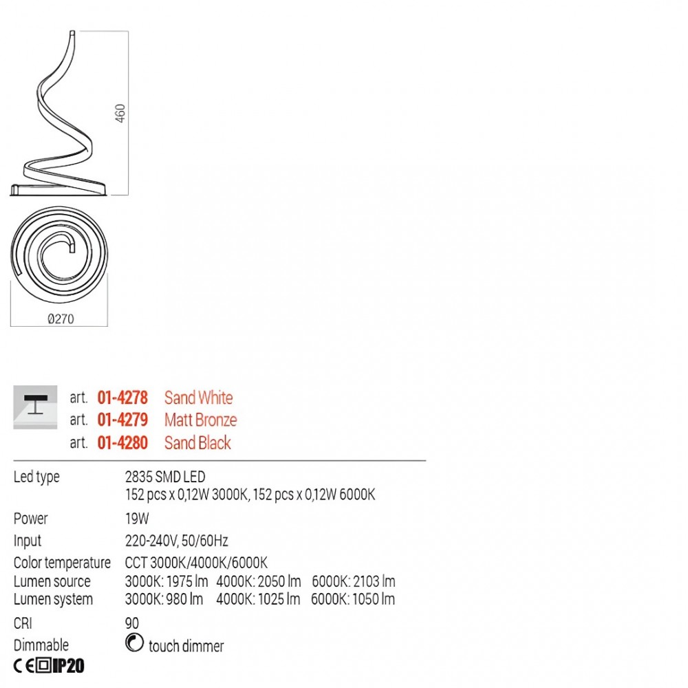 Table lamp Redo Scroll, metal, sand black, dimmable, LED CCT, 19W, 1050 lumens, 3000K/4000K/6000K, H.46 cm