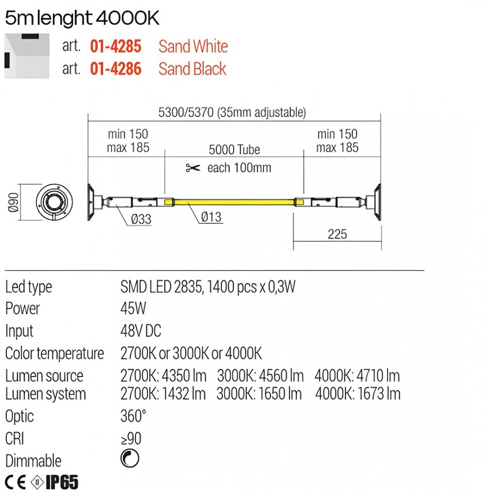 Linear lighting system Redo Freedom 360, metal, sand white, dimmable, LED, 45W, 1673 lumens, neutral white 4000K, L.500 cm