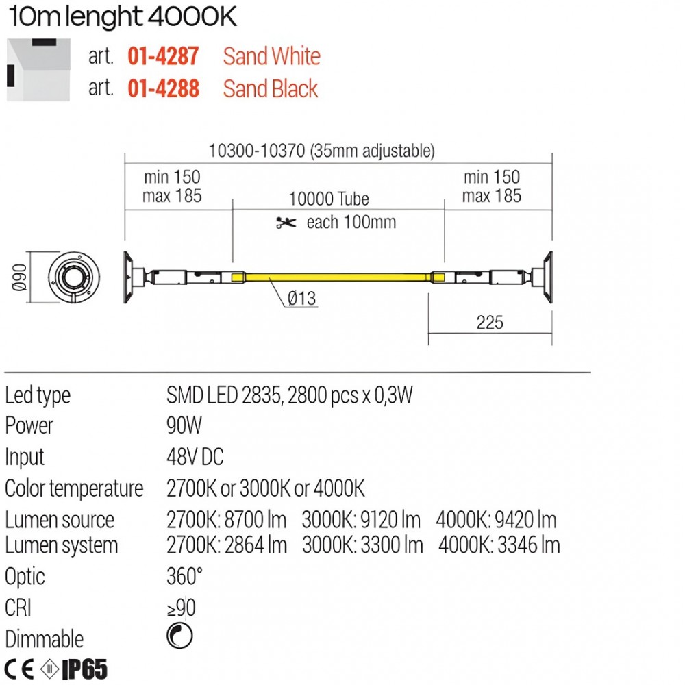 Linear lighting system Redo Freedom 360, metal, sand black, dimmable, LED, 90W, 3346 lumens, neutral white 4000K, L.10 m