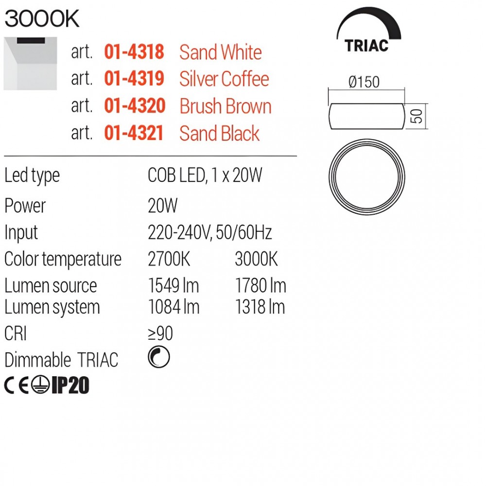 Ceiling lamp Poll, metal, sand white, dimmable, LED, 20W, 1318 lumens, warm white 3000K, D.15 cm
