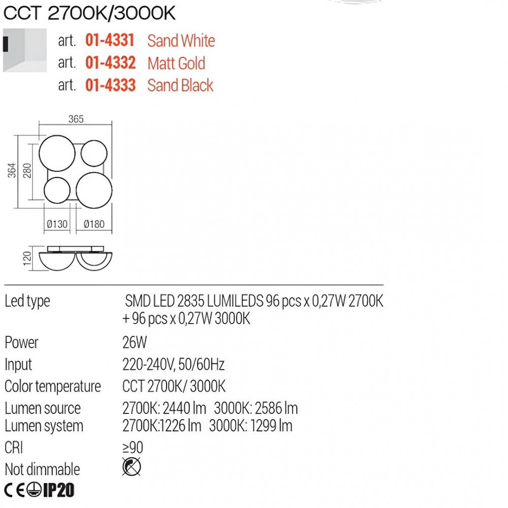 Ceiling lamp Redo Lumien, metal, sand white, LED CCT, 26W, 1299 lumens, warm white 2700K/3000K, L.36 cm